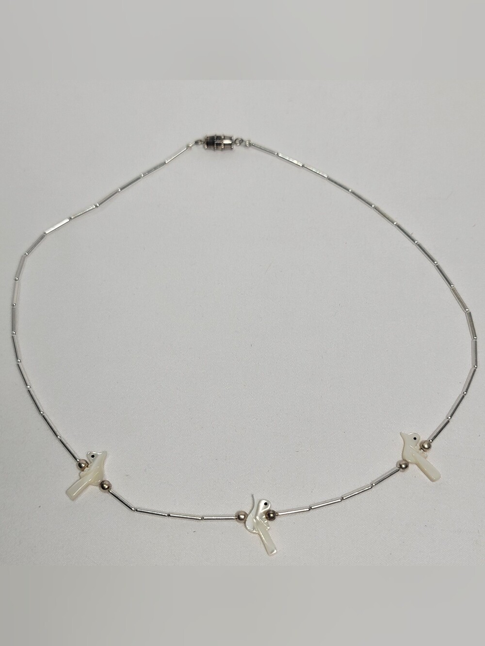 Vintage Silver Native American Necklace with White Mother-of-Pearl Bird Fetish